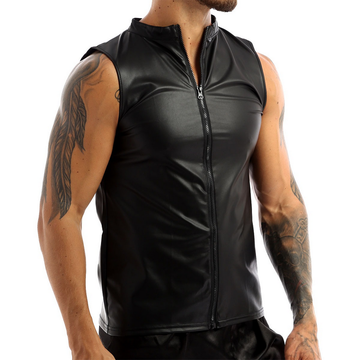 Black Wet Look Faux Leather Tank Top / Round Neck Zipper Vest / Men's Sexy Outfits - EVE's SECRETS